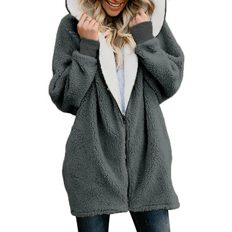 Зимнее женское пушистое плюшевое пальто с капюшоном, с длинным рукавом, из овечьей шерсти, пальто из искусственного меха, осенний кардиган, плюшевая Меховая куртка, Femme, большой размер - Цвет: DarkGray
