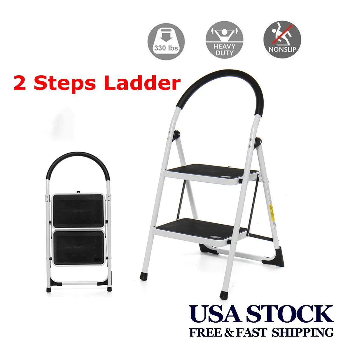 

2 Step Folding Aluminium Ladder Non-slip Handrail Work Platform Stool Multi-Purpose Extension Ladders 330lb Capacity Tools