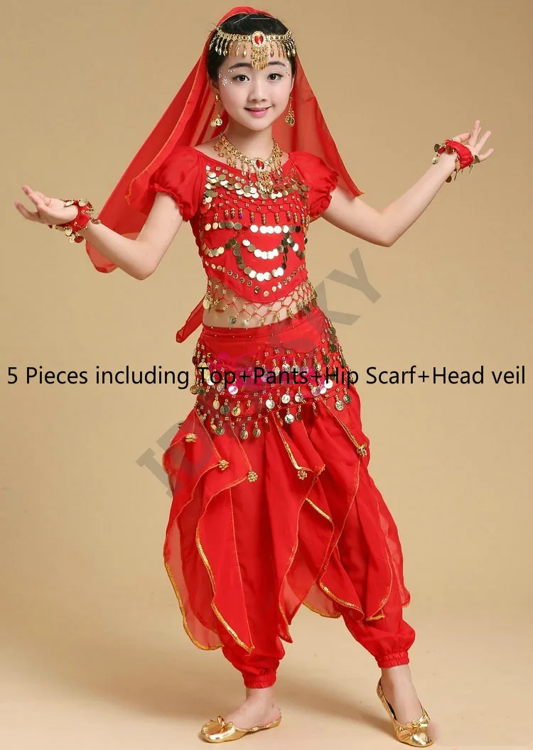Профессиональный восточный индийский болливуд, костюм для танца живота, костюм для танца живота, костюм для танцев для женщин, Детский комплект для девочек, взрослых для детей - Цвет: red 5pcs