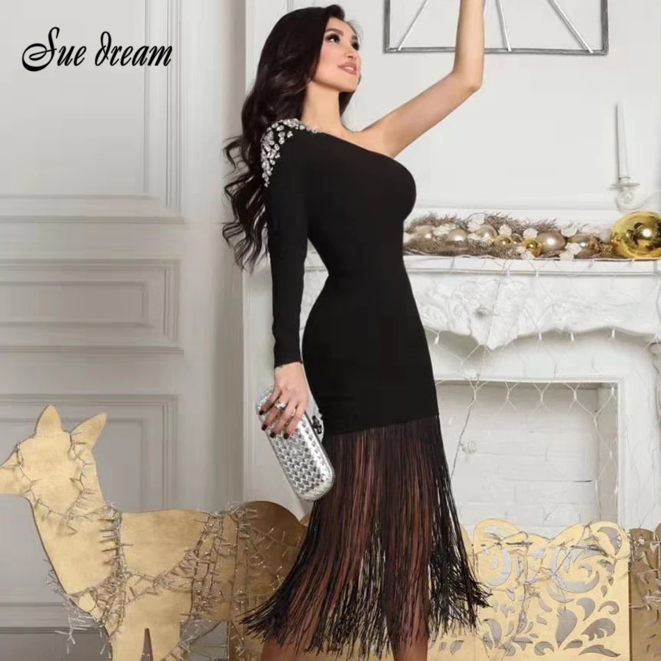Wholesale 0JDRt 2020 New Winter Women's Bandage Dress Sexy One Shoulder Long Sleeve Beaded Tassel Midi Runway Party Dress Vestidos Wholesale 0JDRt 2020 New Winter Women's Bandage Dress Sexy One Shoulder Long Sleeve Beaded Tassel Midi Runway Party Dress Vestidos