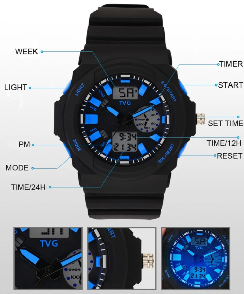 TVG мужские модные черные часы из смолы, водонепроницаемые цифровые часы, синие кварцевые часы, мужские спортивные часы, relogio masculino