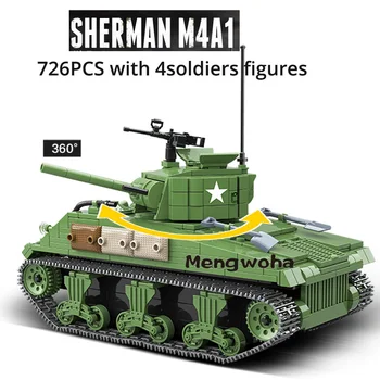 

726PCS US Military Sherman M4A1 Tank Building Blocks WW2 with 4 Soldier Figures Weapon Army Bricks Toys For children Boy Gift