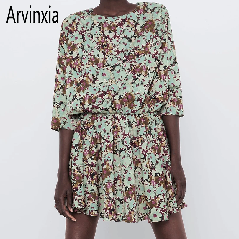 Arvinxia ZA модное женское платье с цветочным принтом и оборками новинка круглым