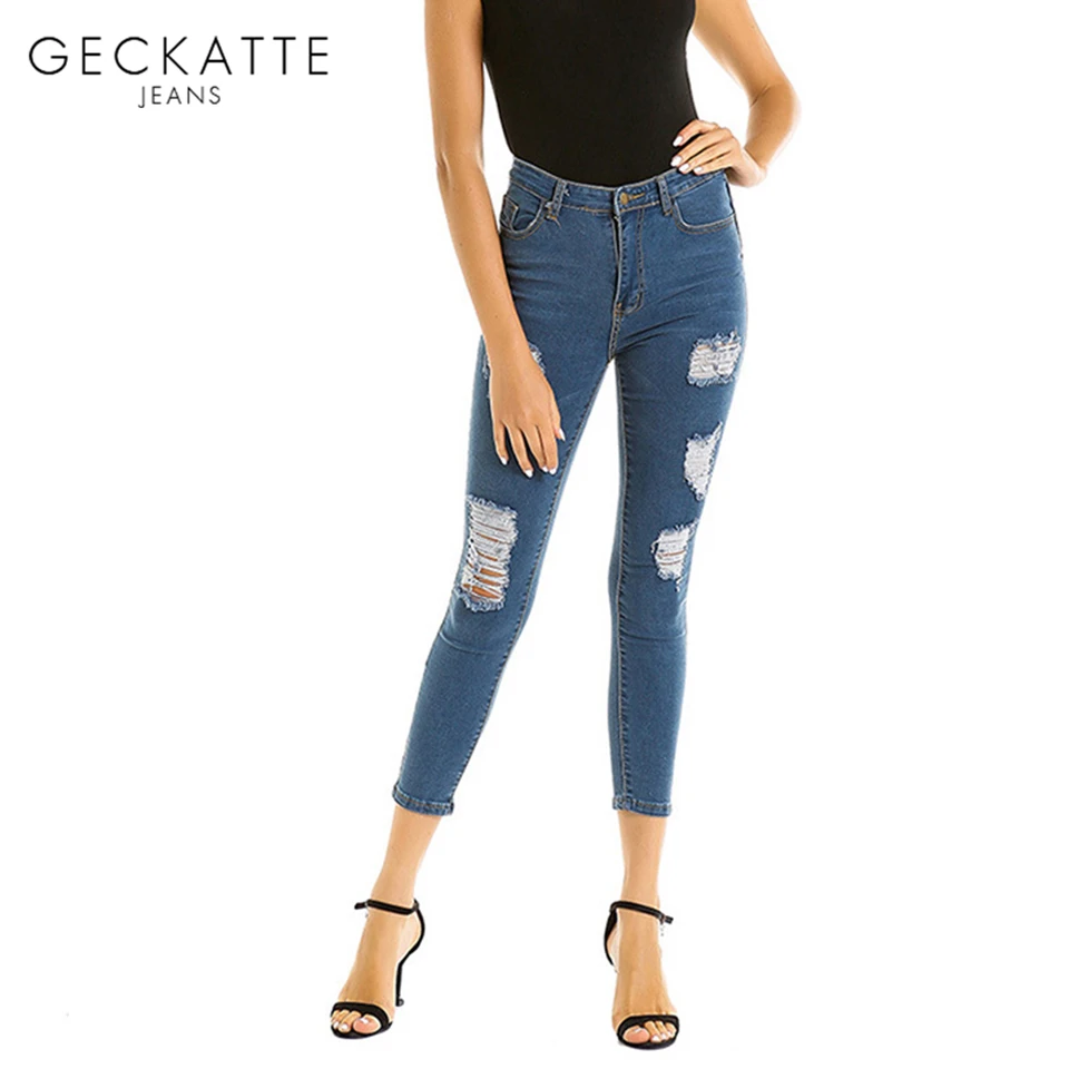 

GECKATTE Ripped Distressed Jeans for Woman Blue High Waist Elastic Denim Stretch Jeans Ankle-Length Pencil Pants Trousers Ladies