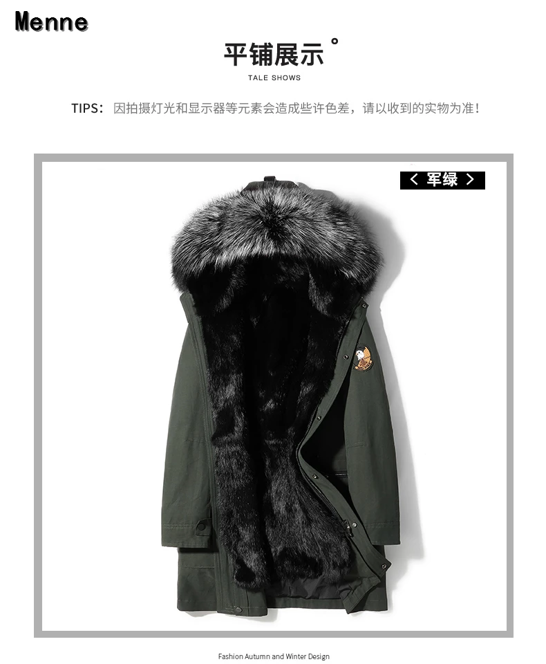 Abrigo largo y mediano de invierno para hombre, cuello de zorro plateado desmontable