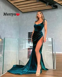 Velvet Mermaid Evening Dress Sexy High Side Split Prom Gown with Detachable Skirt  Party Dress