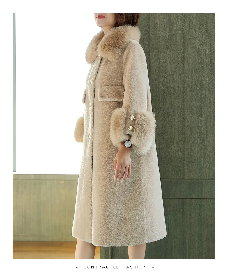 Зимнее пальто для женщин из натурального Лисьего меха, куртка из овчины, длинное пальто, утолщенное элегантное меховое пальто с воротником, рукав, карман, мягкая меховая верхняя одежда, одежда