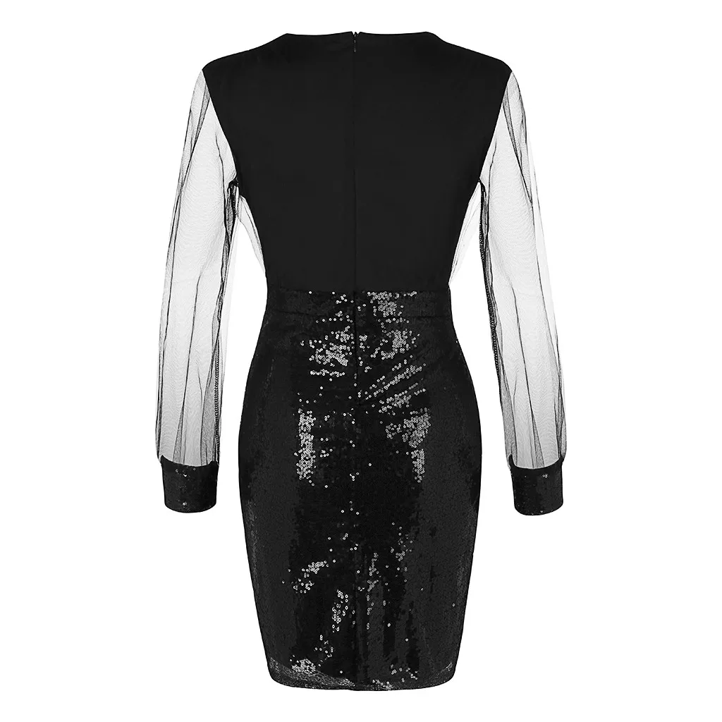 Женское платье, ropa mujer, платье размера плюс, модное женское платье с v-образным вырезом, сетчатый рукав, расшитое блестками, лоскутное, повседневное, элегантное, вечернее платье