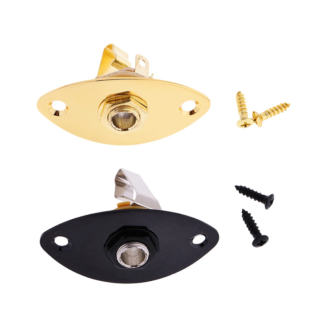 2 Pieces of Set Guitar Jack Plug Plate Electric Guitar Bass Oval Plug Socket with Mounting Screws Black+Golden