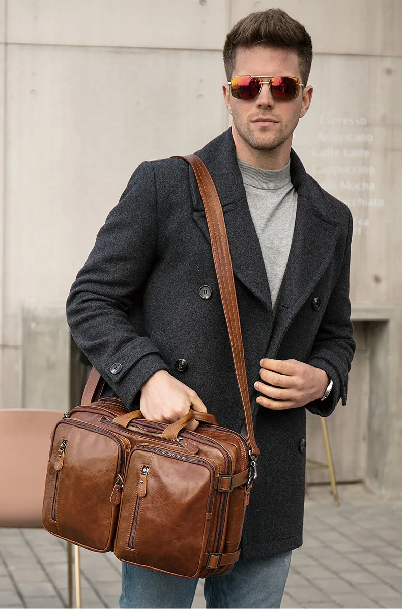 Винтажный мужской деловой портфель, многофункциональная сумка из натуральной кожи, 14 дюймов, сумка для ноутбука, двухслойная сумка из воловьей кожи, сумка на плечо