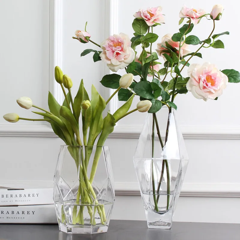 

European Style Simple Light Luxury Geometry Multi-Faceted Solid Color Transparent Glass Vase Flower Arrangement Flower Holder Fl
