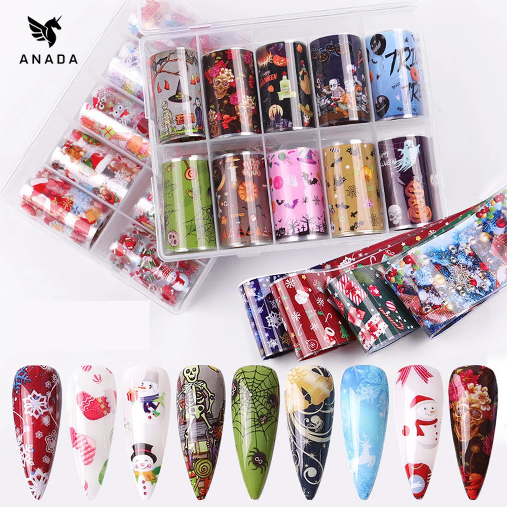 

ANADA 10PCS Holiday Transfer Nail Sticker Set Christmas Snowflakes Elk Santa Starry Paper Clear Manicure Nail Art Set