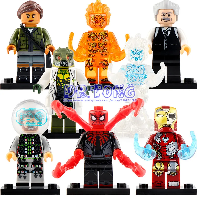 

8PCS X0268 Building Blocks Spiderman Lizard Four Elementals Fire Wind Zombie Iron Man Mysterio Jonah MJ Sandman Model Toys