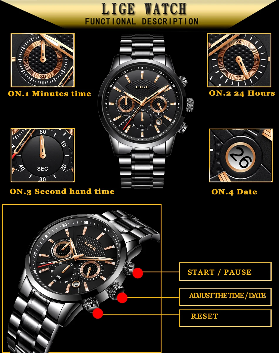 Часы lige мужские роскошные брендовые Бизнес Кварцевые часы мужские спортивные военные водонепроницаемые наручные часы Relogio Masculino
