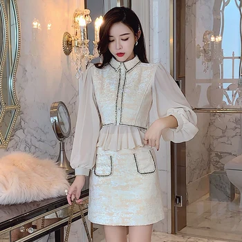 

2020 Elegant Retro Graceful Chiffon Joint Lantern Sleeve Dress Outfit Two-Piece Set Debutante Goddess- 2 piece set women