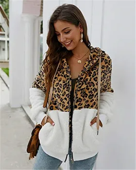 

2019 Women Winter Warm Leopard Patchwork Female Autumn Jackets Coats Outwear Ladies Long Sleeve Hooded Zipper Up Outwear Coats