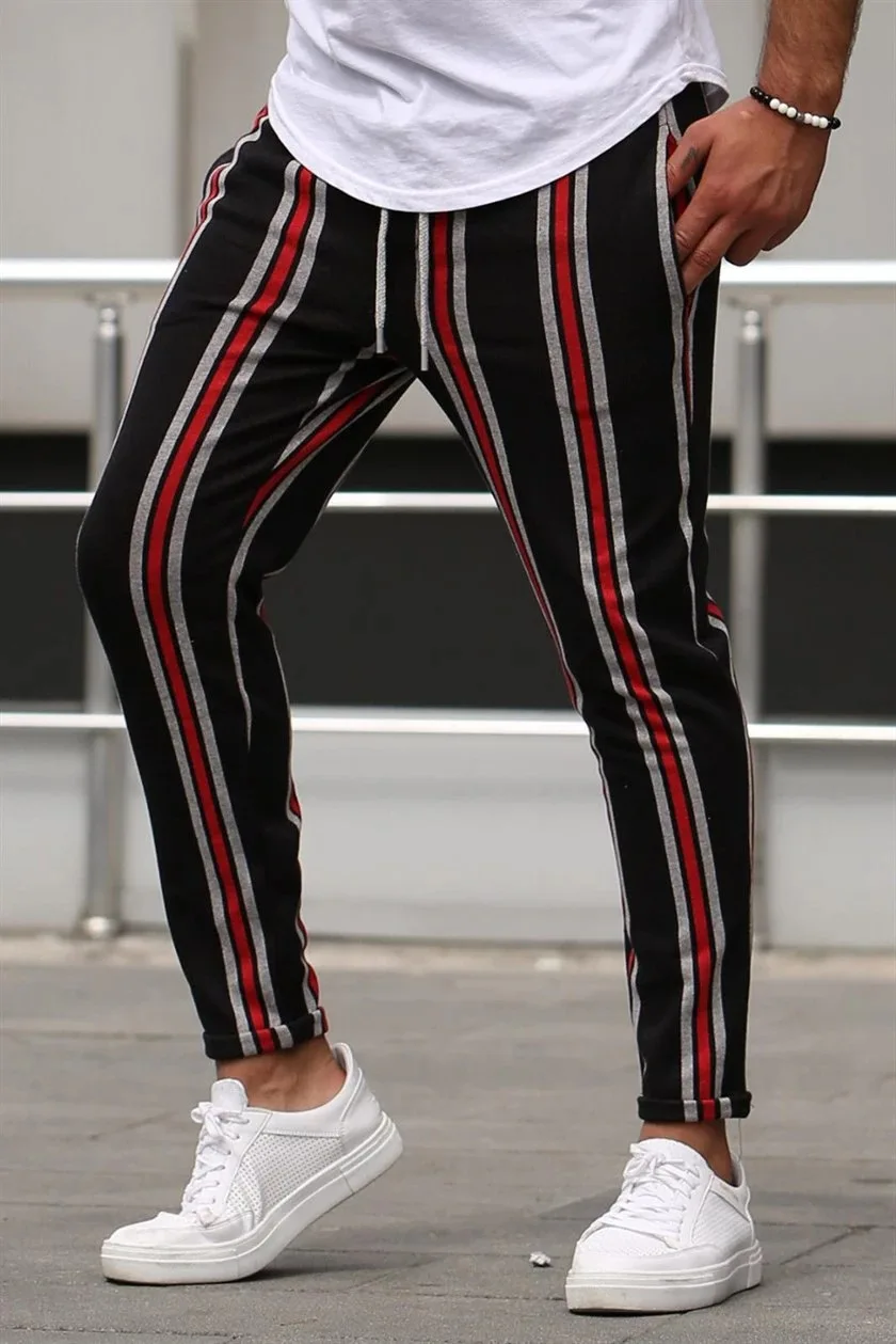 Black and red Горячая Распродажа, мужские спортивные штаны в полоску, повседневные длинные штаны для фитнеса, бодибилдинга, цветные штаны с принтом matc - Цвет: Black and red