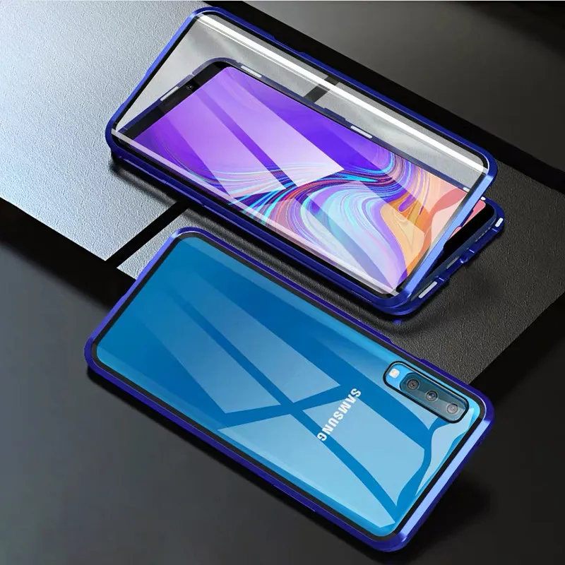 Blue Double Glass 360 полная защита металлический флип чехол для samsung Galaxy A10 M10 Магнитная поглощающая двухсторонняя, для стекла задняя крышка для телефона Galaxy ya10 - Цвет: Blue Double Glass