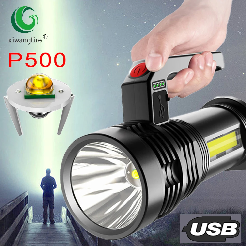 

Super Bright Portable Portable Lamp Strong Light P500LED Lamp + COB Side Light Floodlight USB Rechargeable Outdoor Searchlight