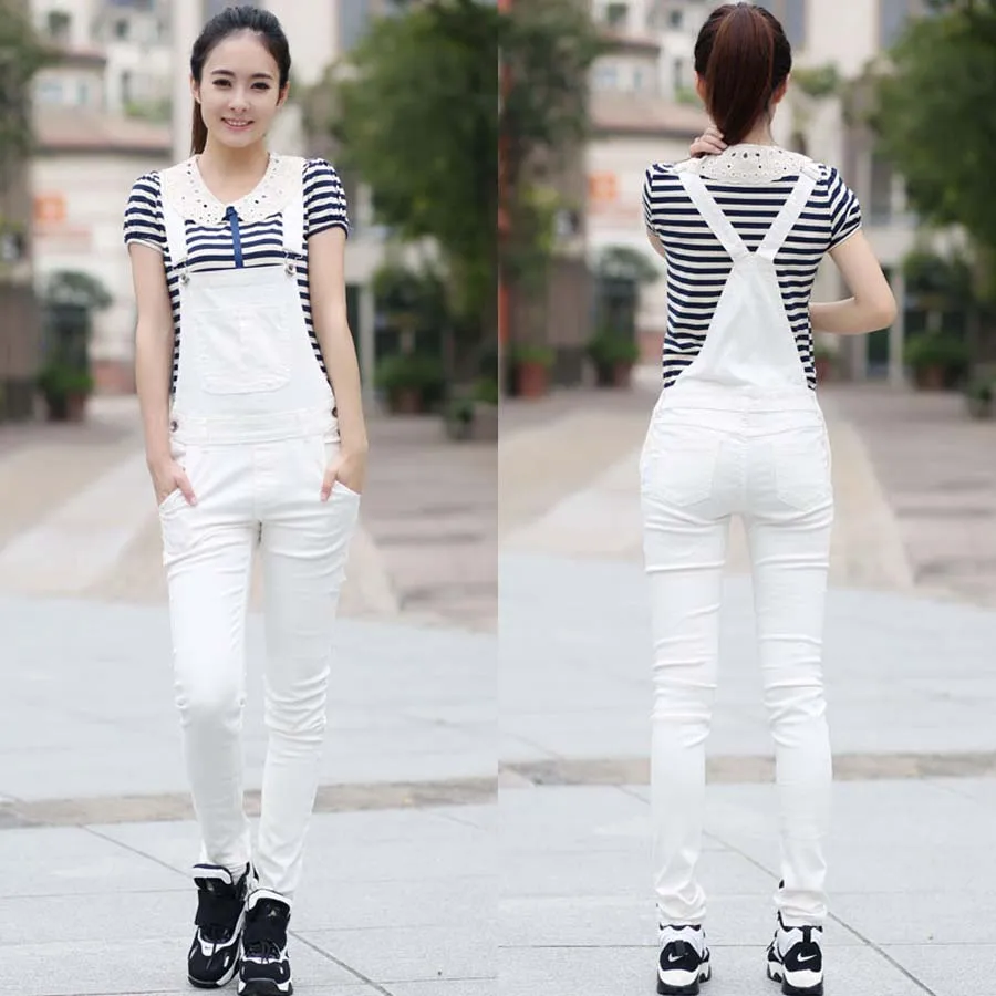 Tide Fashion White Stretch Denim Jeans Overalls Suspenders Women Necessary Skinny Pants Tight Trousers |