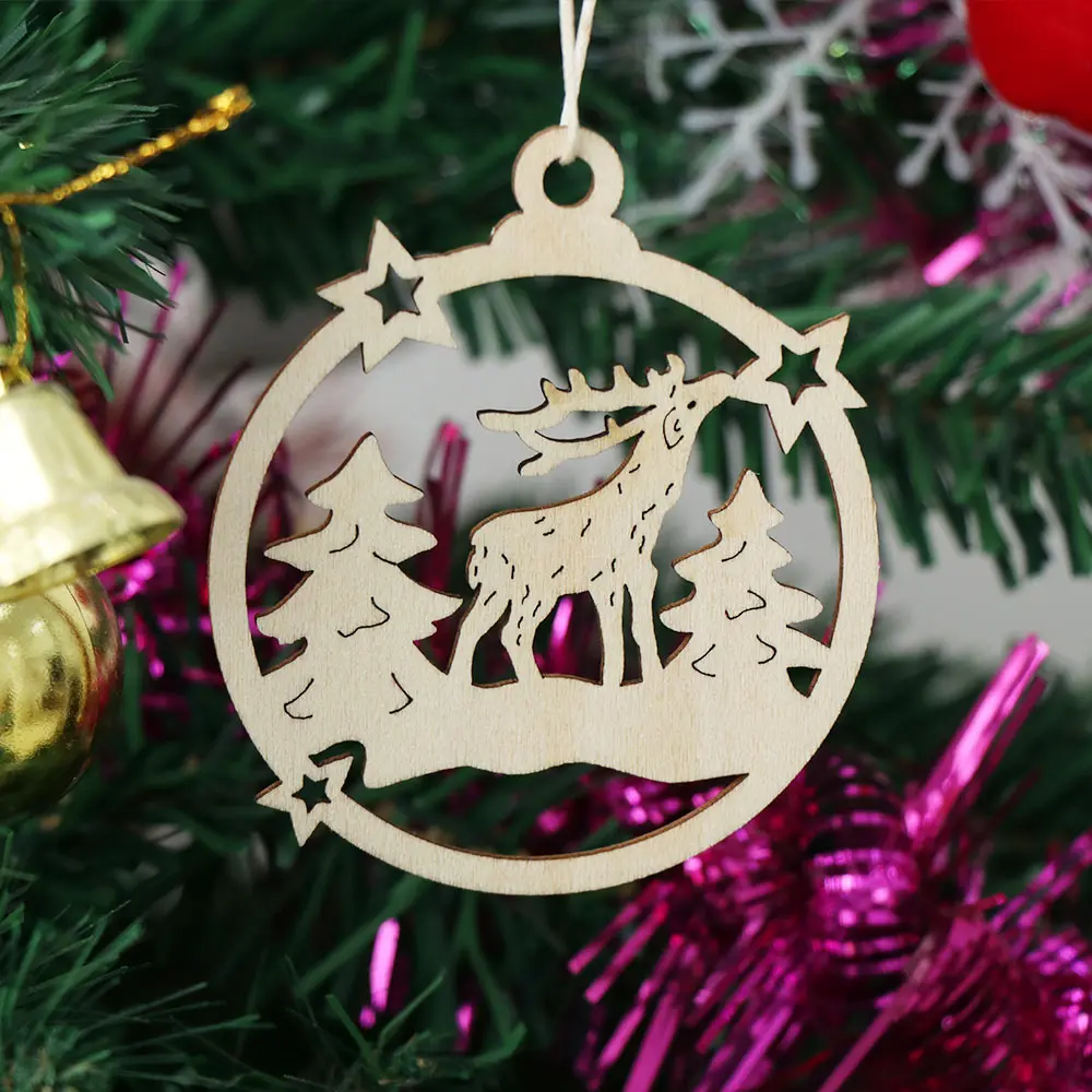 10Pcs DIY Natural Snowflakes Deer Shape Christmas Wooden Chip Hanging Ornaments Pendants Xmas Ornaments Kids Gifts Decorations