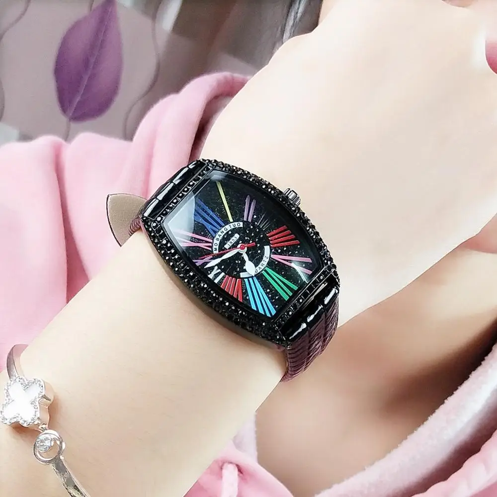 

Hot Sale Watch Color Number Woman's Watch Wine Barrel Black 40MM Diamond Watch Leather Strap Pin Buckle Quartz Woman Watch
