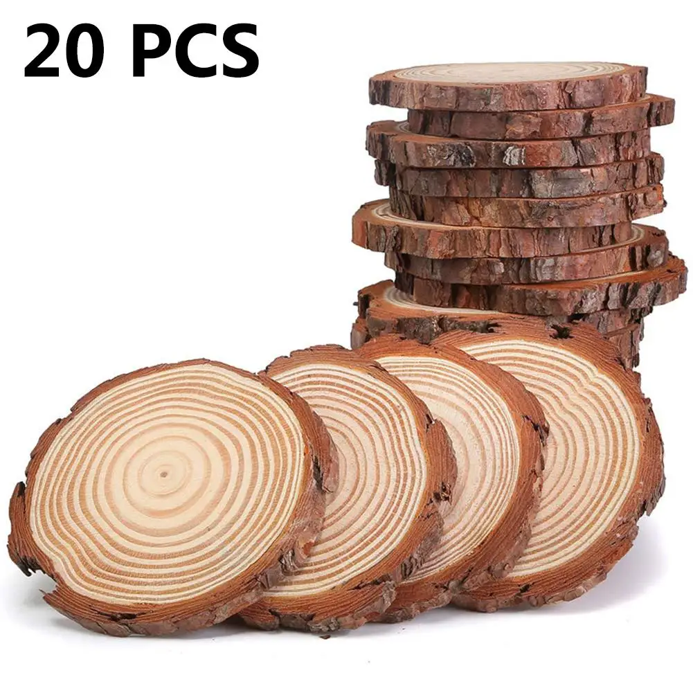 

20 Pcs Natural Wooden Slices With Tree Bark Circles Log Discs For DIY Crafts Christmas Rustic Wedding Ornaments Decoration