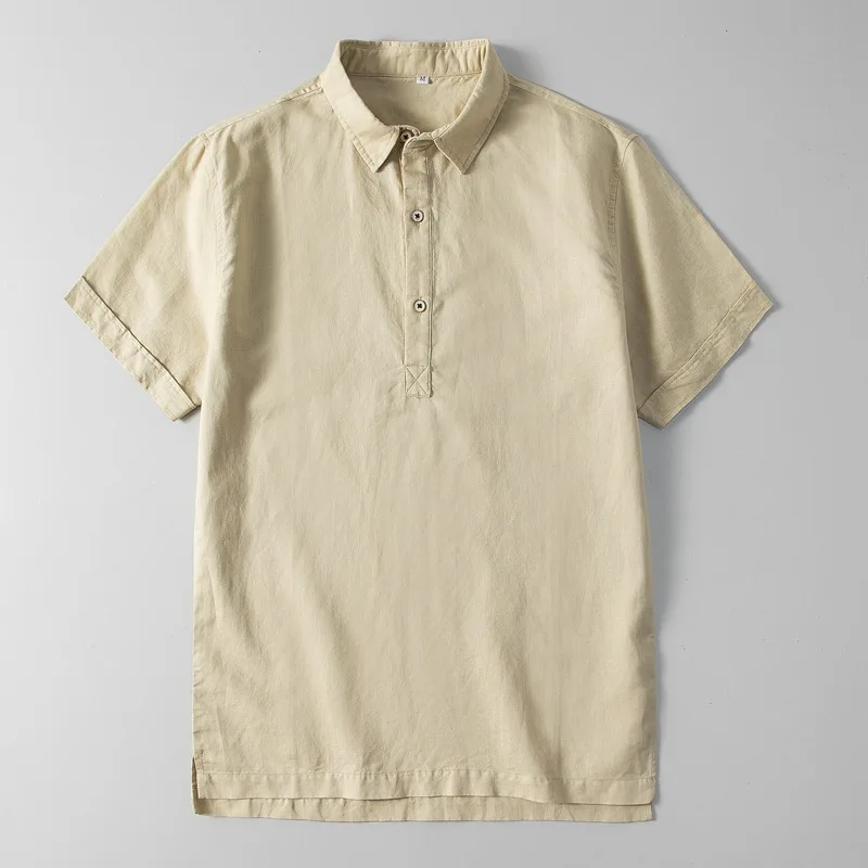Khaki Мужские рубашки поло из хлопка и льна с коротким рукавом и стоячим воротником, повседневные мужские однотонные свободные мужские топы Y1917 - Цвет: Khaki