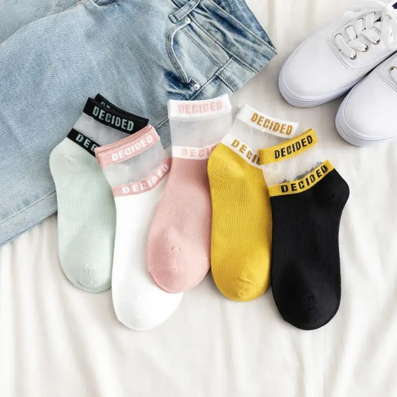 

1 Pair Women Fashion Korean Style Cotton Comfort Silk Short Socks Bright Color Letters Lace Casual Soft Breathable Socks Girls