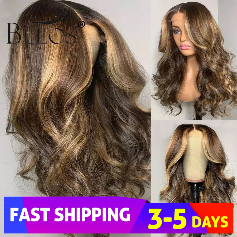 SUPER DEALS! Highlights Colored 180% 13*4 Lace Front Human Hair Wig Body Wave Pre Plucked Hair Line Bleached Knots Brazilian Remy Hair