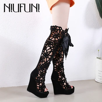 

NIUFUNI 2019 Fashion Hollow Knee High Boots Women Platform Wedges Sandals Boots Sexy Nightclub Shoes Woman Botas Mujer Plus Size