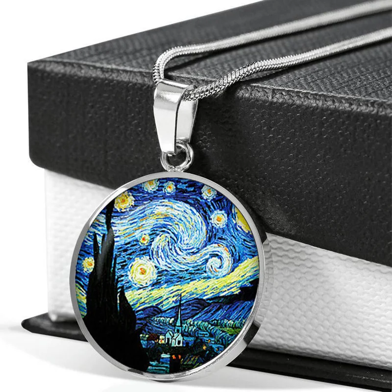 Fashion Crystal Necklace for Women Jewelry Painting Van Gogh Starry Night Cabochon Glass Pendant Lover Girl Gifts | Украшения и