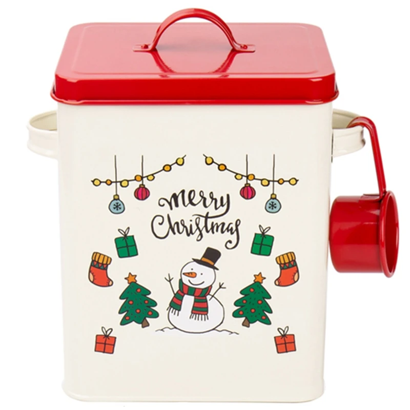 1Pcs Christmas Rice Storage Box Iron Debris Snacks Covered Washing Powder Bucket Washing Powder Box Powdered Rice Barrel Spoon H