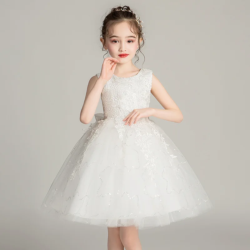 Skyyue/Детские вечерние платья для причастия бальное платье без рукавов с вышивкой из тюля кружевное платье с круглым вырезом и цветочным узором для девочек на свадьбу BX8991 - Цвет: White