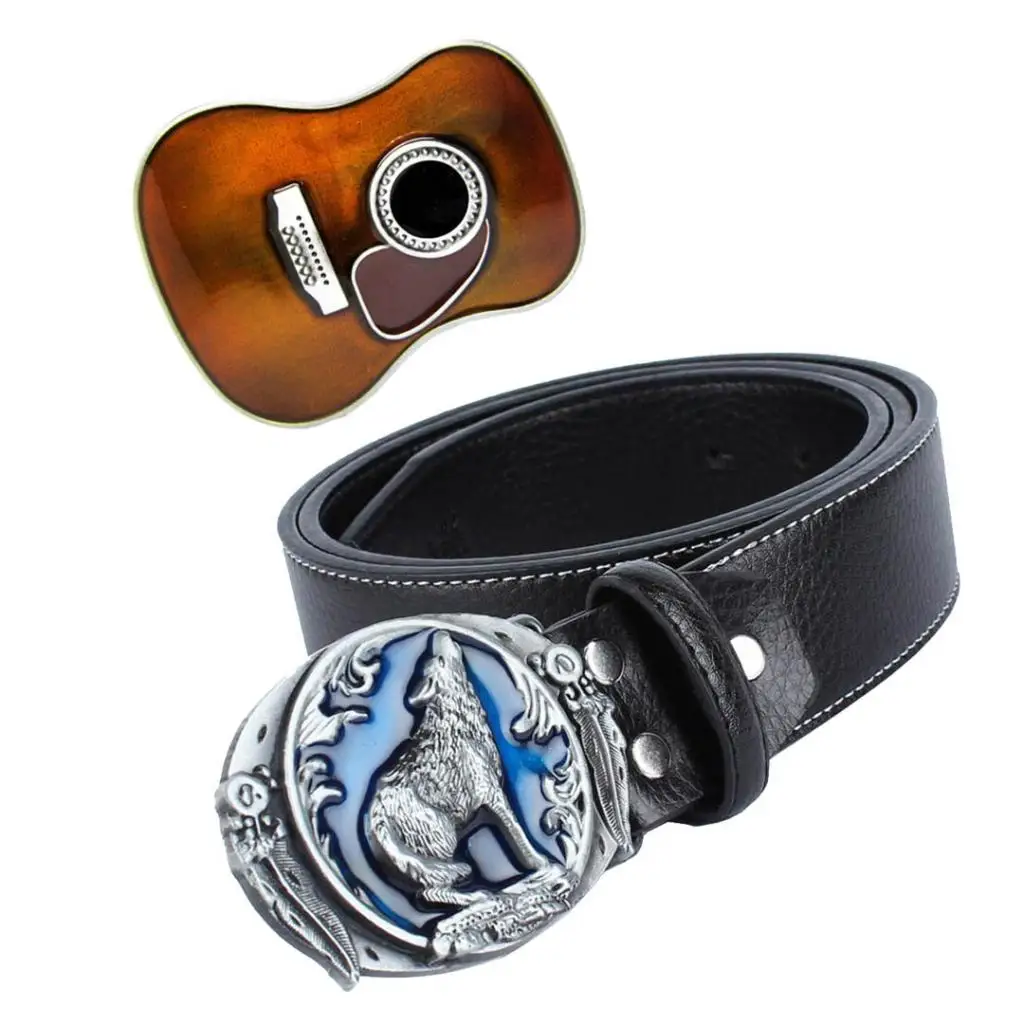Vintage Black Leather Straps Belt Western Rock Music Guitar Buckle Bohemian