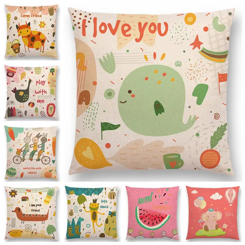 

Cute Cartoon Animals Forest Flowers Plants Elephant Fish Dog Whale Bull Rabbit Bear Cushion Cover Sofa Decorative Pillow Case