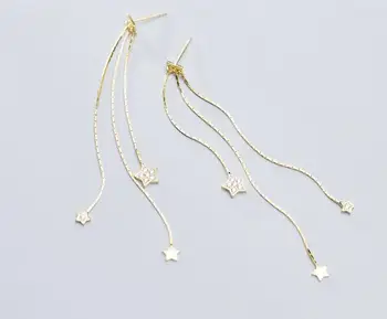 

18K Gold Plated Real. 925 Sterling Silver jewelry Prong White Zirconia aaa+ Star Tassel dangle Earrings Long Bohi GTLE2812