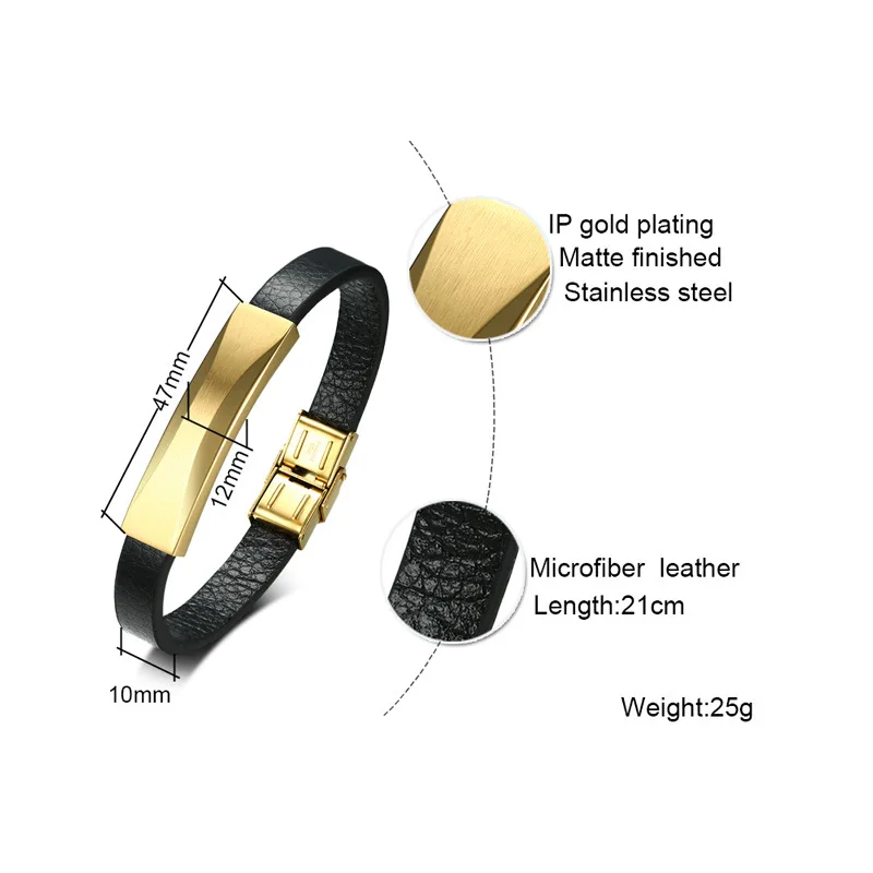Stainless steel microfiber leather black+ gold color 21CM long bracelet&bangles for men