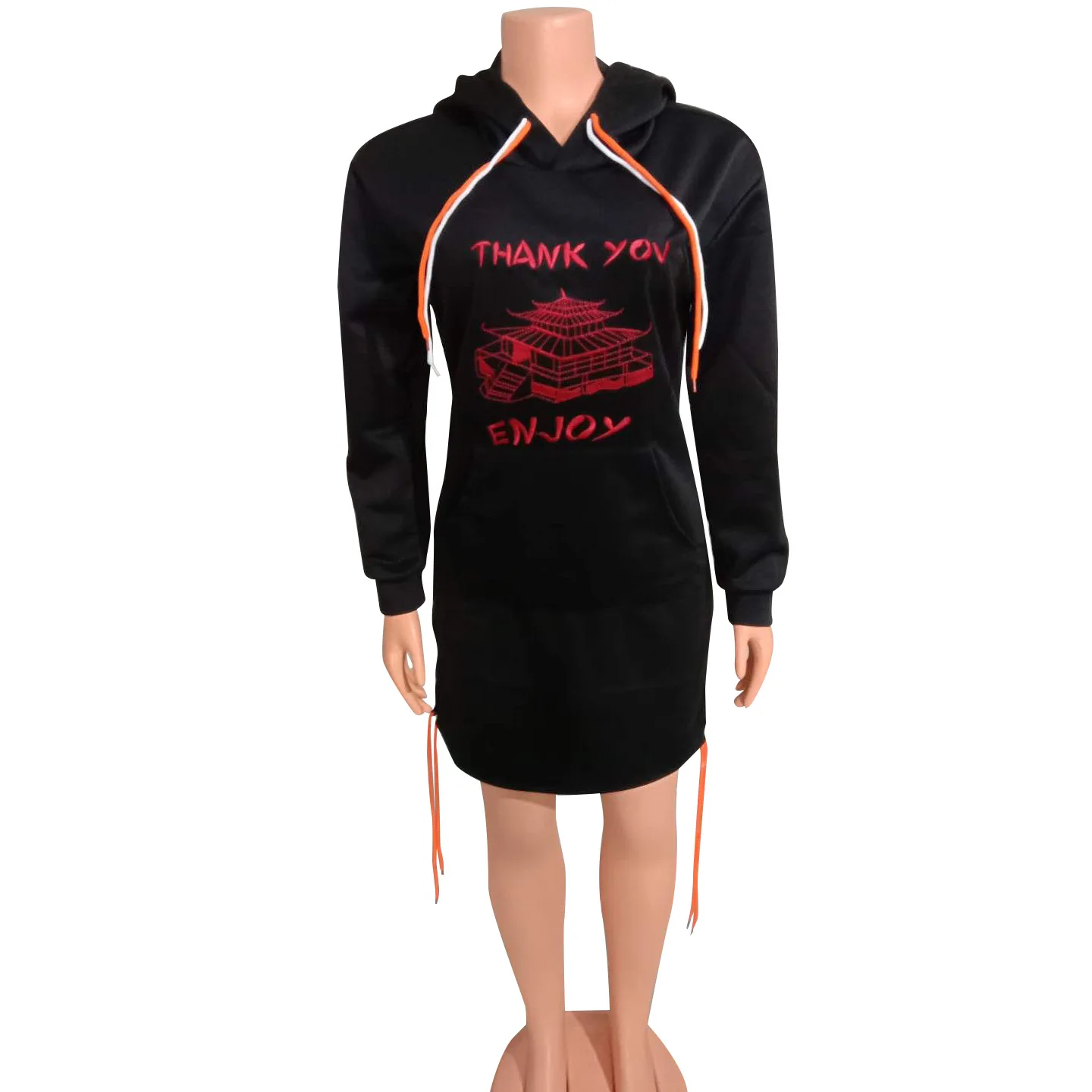 Winter  Fashion Women  Hooded Pullover Letter Printed Sweatshirts Dress With Pockets