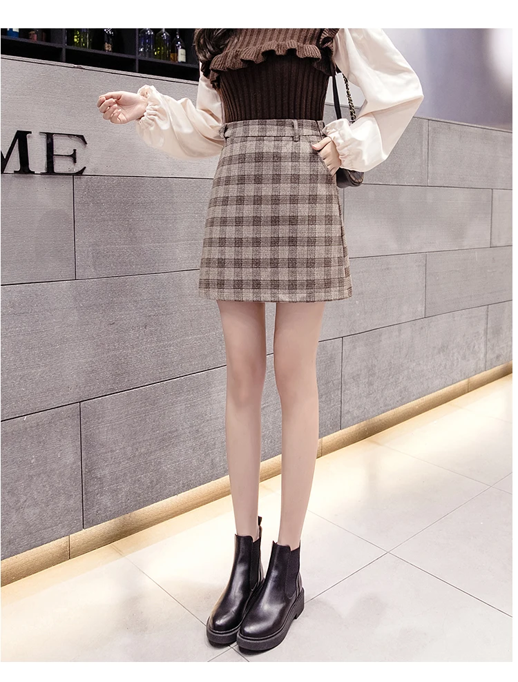 Новые зимние короткие юбки, модная шерстяная клетчатая юбка для женщин, милые мини-юбки Женская куртка Femme 7636 50
