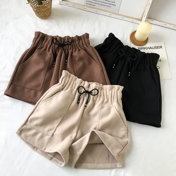 

Autumn Winter Women Shorts High Waist Solid Casual Loose Thick Warm Elastic Straight Booty Shorts With Pockets