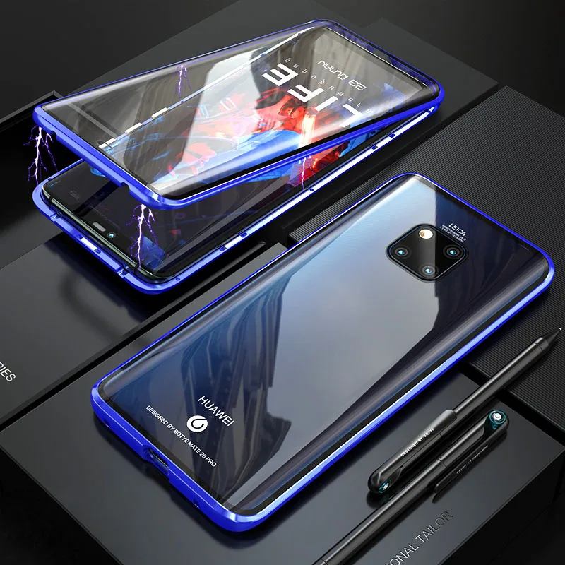 Магнитный чехол с передним и задним стеклом для Huawei Mate 20 Pro прозрачный жесткий 360