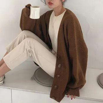 

2019 Autumn New Sweater Women's Single-breasted Long-sleeved V-neck Solid Color Warm Cardigan Loose Casual Sweater