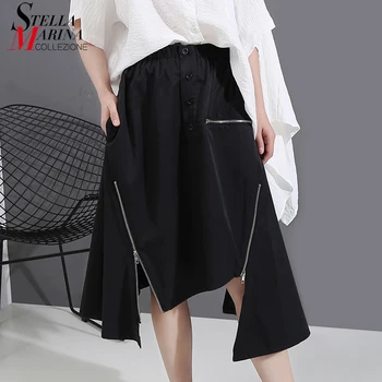 

New Women 2020 Korean Style Summer Solid Black Skirt & Pocket High Waist Zipper Decorated Ladies Stylish Casual Skirt Femme 6270