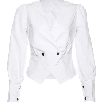 

Unique V-neck Irregular Long Sleeve Retro Design Women Blouse All-match High Waist Shirt Top