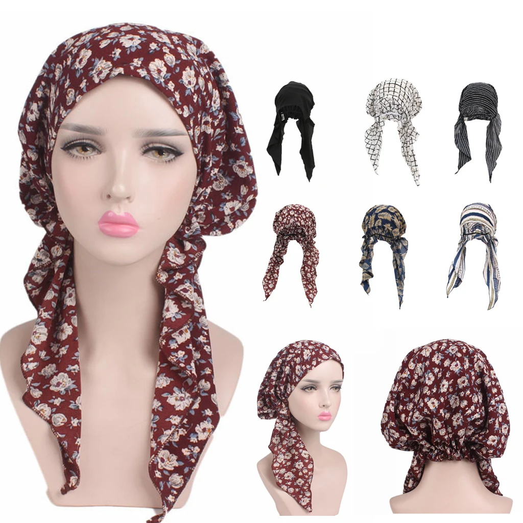 Women's Plaid Cancer Chemo Hat Scarf Turban Head Wrap Cap Beanie Hat women Hijab Pre Tied Ruffle Head Scarves