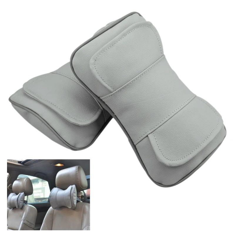 

2PCS Gray Genuine Leather Auto Pillows Car Seat Head Neck Rest Headrest Double Layer Pillow