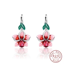 Модный розовый цветок форма листьев Красный Кристалл 925 стерлингового серебра дизайнерский серьги-гвоздики роскошные серьги для женщин ювелирные изделия