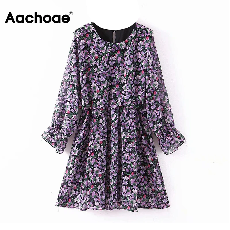 Aachoae Women Floral Dress Elegant O Neck Butterfly Long Sleeve Mini Dress Sundress Beach Pleated Dress Female Casual Robe Femme Aachoae Women Floral Dress Elegant O Neck Butterfly Long Sleeve Mini Dress Sundress Beach Pleated Dress Female Casual Robe Femme