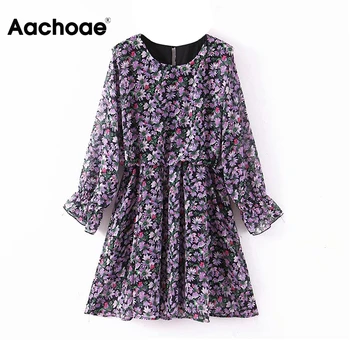 

Fashion Women Floral Dress Elegant O Neck Butterfly Long Sleeve Mini Dress Sundress Beach Pleated Dress Female Casual Robe Femme